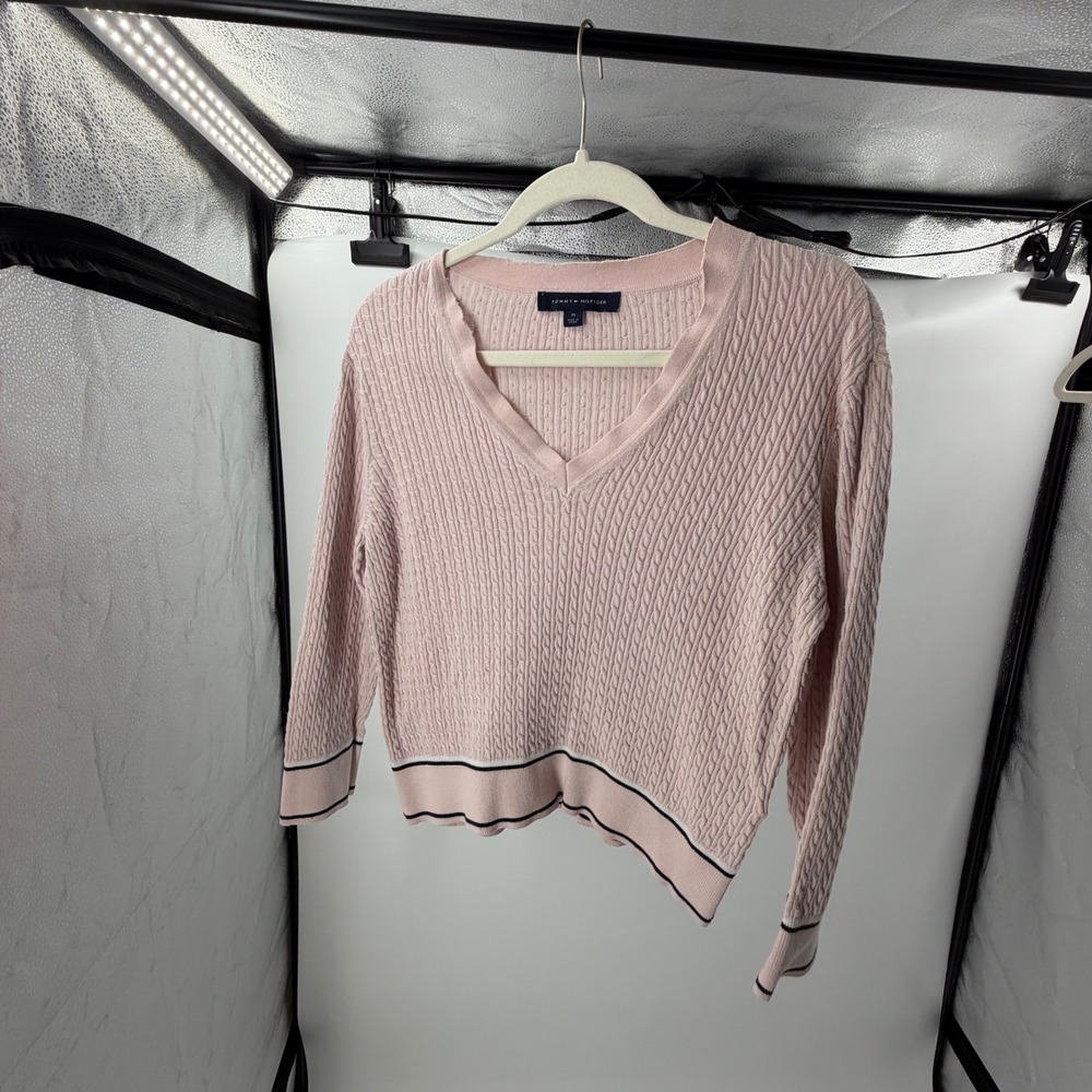 Tommy Hilfiger Womens Pink Cable Knit V-Neck Sweater Size M Contrast Trim